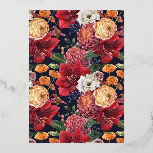 Botanische Amaryllis en Mums Bloemrijke Baby Brunc Folie Uitnodiging (Achterkant)