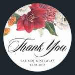 Botanische Amaryllis en Mums Wedding Bedankt Ronde Sticker<br><div class="desc">Voeg een bloemaccent toe aan je enveloppen en geschenken met deze aanpasbare dank je stickers. Deze botanische dank u stickers zijn voorzien van amaryllis,  pioenen,  ranunculus,  en chrysanten illustraties. Deze aangepaste dank u stickers zijn ideaal voor de herfst en de winter bruiloften, </div>