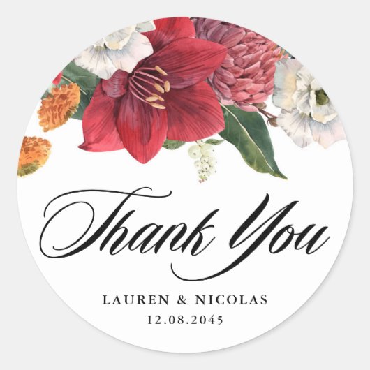 Botanische Amaryllis en Mums Wedding Bedankt Ronde Sticker (Voorkant)