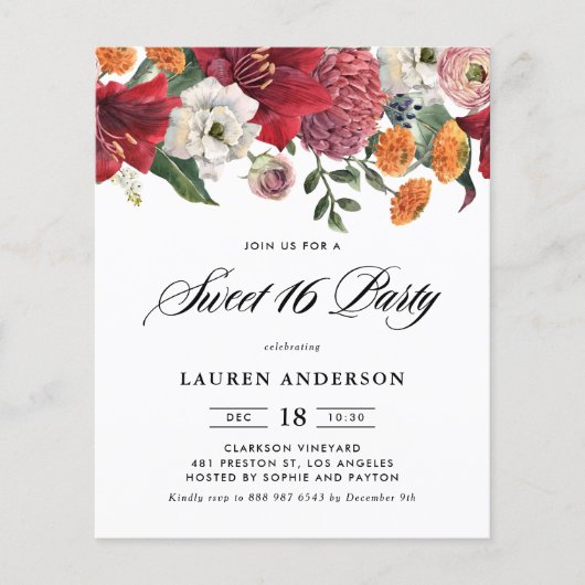 Botanische Amaryllis Sweet 16 Party Uitnodiging (Voorkant)