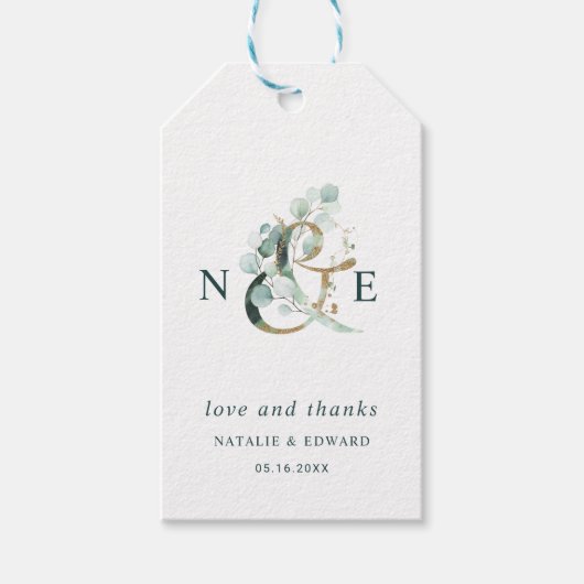 Botanische Ampersand Gouden Groene Bruiloft Dank u Cadeaulabel (Voorkant)
