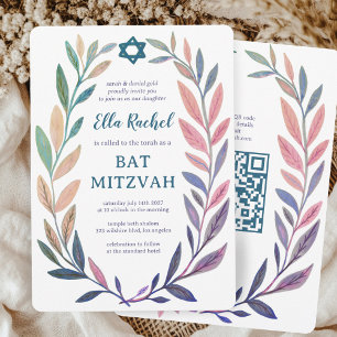 Botanische aquarel Aangepaste QR Bar Mitswa Kaart