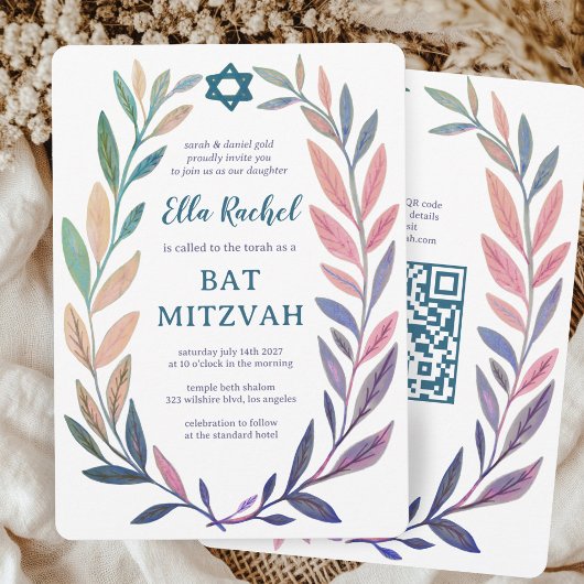 Botanische aquarel Aangepaste QR Bar Mitswa Kaart