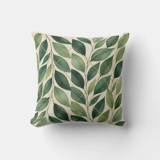 Botanische Aquarel Bladeren Worp Kussen | Groen (Voorkant)