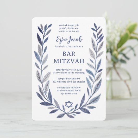 Botanische aquarel Davidster Bar/Bat Mitzvah Kaart (Staand voorkant)