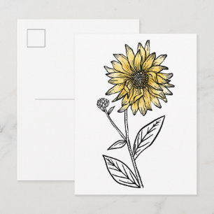 Botanische aquarel esthetische lijnkunst zonnebloe briefkaart