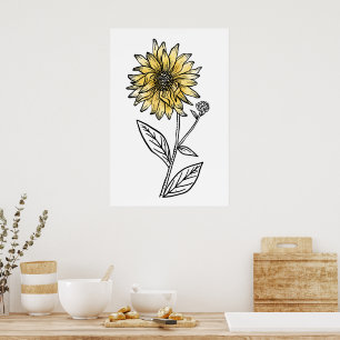 Botanische aquarel esthetische lijnkunst zonnebloe poster