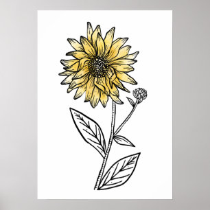 Botanische aquarel esthetische lijnkunst zonnebloe poster