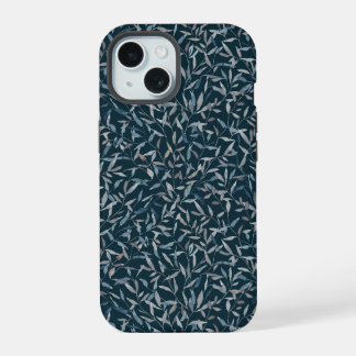 Botanische aquarel grijsblauwe bladeren op donkerb iPhone 15 case