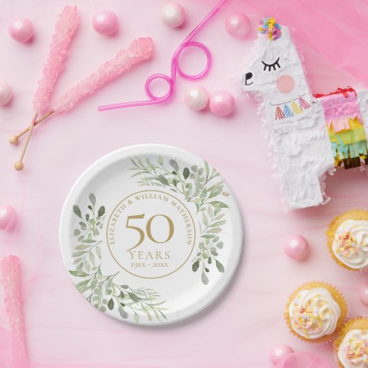 Botanische Aquarel Groene Beplanting 50ste Verjaar Papieren Bordje (Feest)