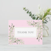 Botanische Aquarel Groene Bloemen Roze Bedankkaart (Staand voorkant)