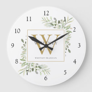 Botanische Aquarel Groene Monogram Naam Grote Klok