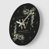 Botanische Aquarel Groene Monogram Zwarte Goud Grote Klok (Hoek)