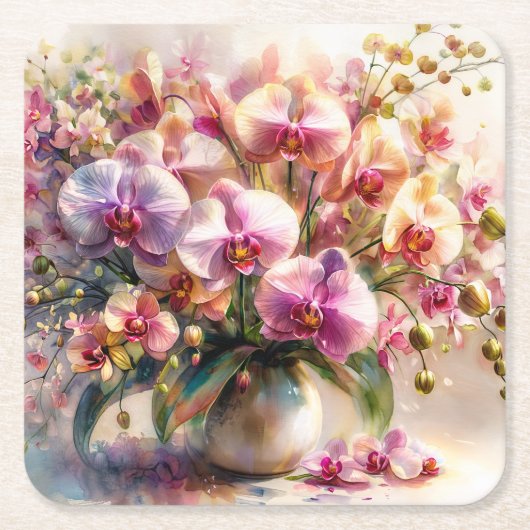Botanische Aquarel - Orchidee Bloemkunst Kartonnen Onderzetters (Voorkant)
