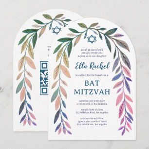 Botanische Aquarel QR Code Bar Mitzvah Boog Kaart