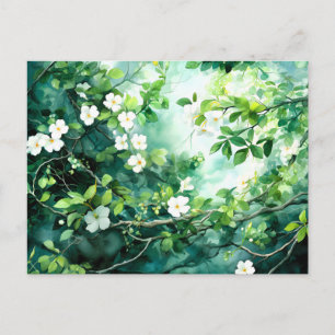 Botanische aquarel witte bloesems groene bladeren aankondigingskaart