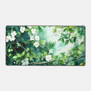 Botanische Aquarel Witte Bloesems Groene Bladeren Bureaumat