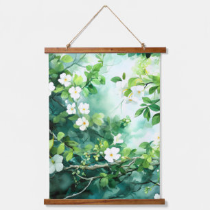 Botanische aquarel Witte Bloesems Groene Bladeren Hangend Wandkleed