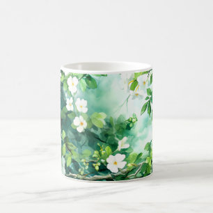 Botanische aquarel Witte bloesems Groene bladeren Koffiemok