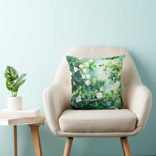 Botanische Aquarel Witte Bloesems Groene Bladeren Kussen