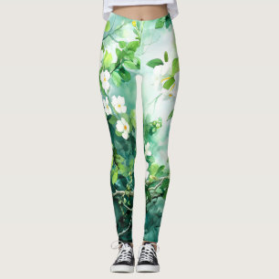 Botanische Aquarel Witte Bloesems Groene Bladeren Leggings