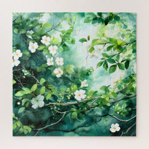Botanische aquarel witte bloesems groene bladeren legpuzzel