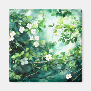 Botanische aquarel witte bloesems groene bladeren magneet
