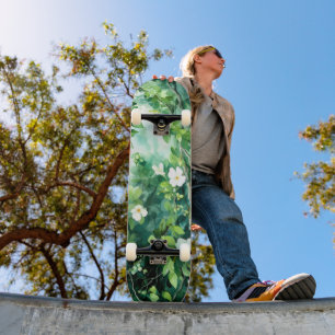 Botanische Aquarel Witte Bloesems Groene Bladeren Persoonlijk Skateboard