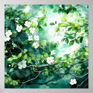 Botanische aquarel witte bloesems groene bladeren poster