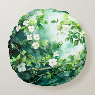 Botanische aquarel Witte bloesems Groene bladeren Rond Kussen