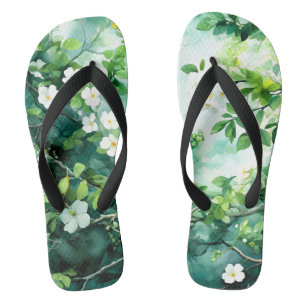 Botanische aquarel Witte bloesems Groene bladeren Teenslippers