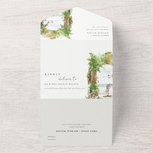 Botanische Arch Sand Beach Seascape Weddenschap All In One Uitnodiging (Buitenkant)