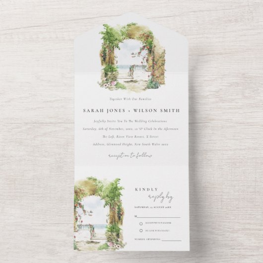 Botanische Arch Sand Beach Seascape Weddenschap All In One Uitnodiging (Binnen)