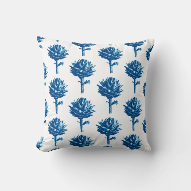 Botanische Artichoke Print, Indigoblauw en wit Kussen (Voorkant)