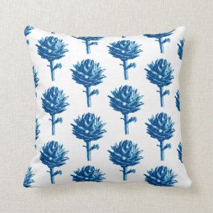 Botanische Artichoke Print, Indigoblauw en wit Kussen