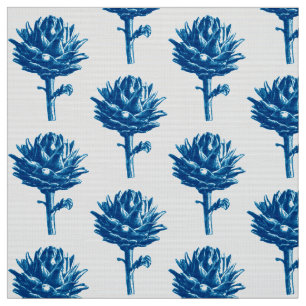Botanische Artichoke Print, Indigoblauw en wit Stof