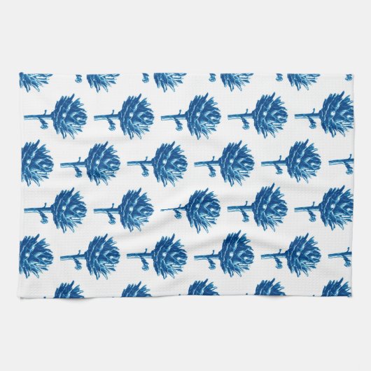 Botanische Artichoke Print, Indigoblauw en wit Theedoek (Horizontaal)