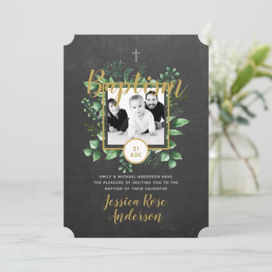 Botanische Baptisme FOTO Invtitions Boy or Girl Kaart (Staand voorkant)