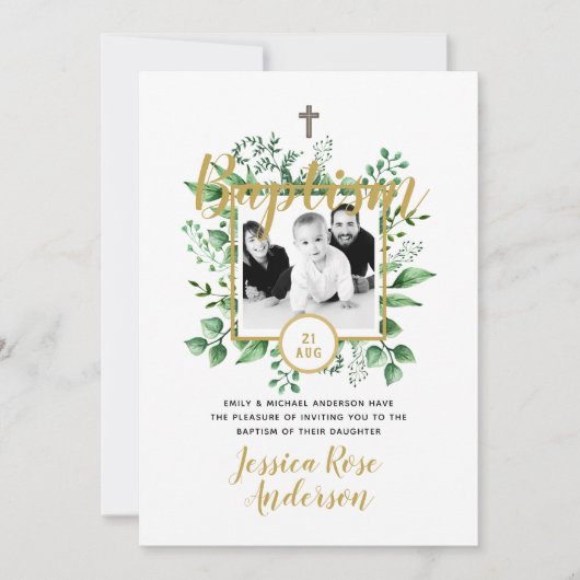 Botanische Baptisme FOTO Invtitions Boy or Girl Kaart (Voorkant)