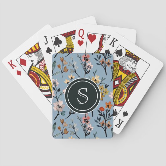 Botanische Beauty: Baby Blauwe Waterverf Monogram Pokerkaarten (Achterkant)