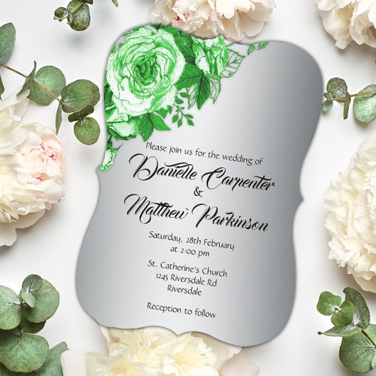 Botanische Beauty: Groene Rozen, Zilveren Bruiloft Kaart