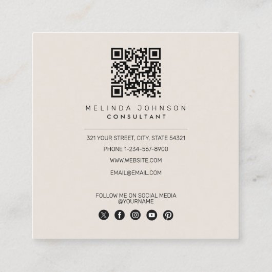 Botanische beige decoratieve lef moderne QR-code Vierkante Visitekaartje (Achterkant)