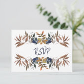 Botanische beige marine Blue Wedding  RSVP Kaartje (Staand voorkant)