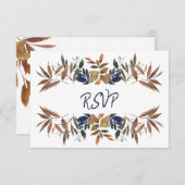 Botanische beige marine Blue Wedding  RSVP Kaartje (Voorkant / Achterkant)