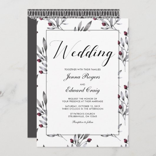 Botanische bessen en kant bruiloft kaart (Voorkant / Achterkant)