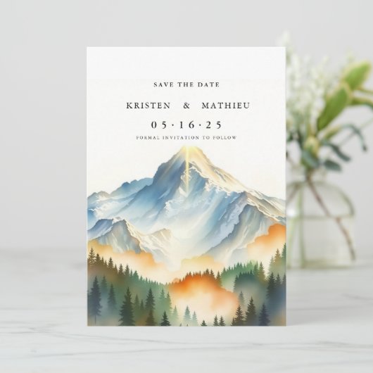 Botanische bewerkbare berg save the date (Staand voorkant)