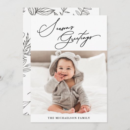 Botanische Black and White Season's Groeten Feestdagenkaart (Voorkant / Achterkant)