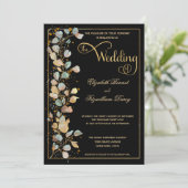 Botanische Black en Gold Photo Monogram Weddenscha Kaart (Staand voorkant)