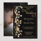 Botanische Black en Gold Photo Monogram Weddenscha Kaart (Voorkant / Achterkant)