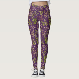 Botanische Bladeren: Een Stunning Paarse Achtergro Leggings